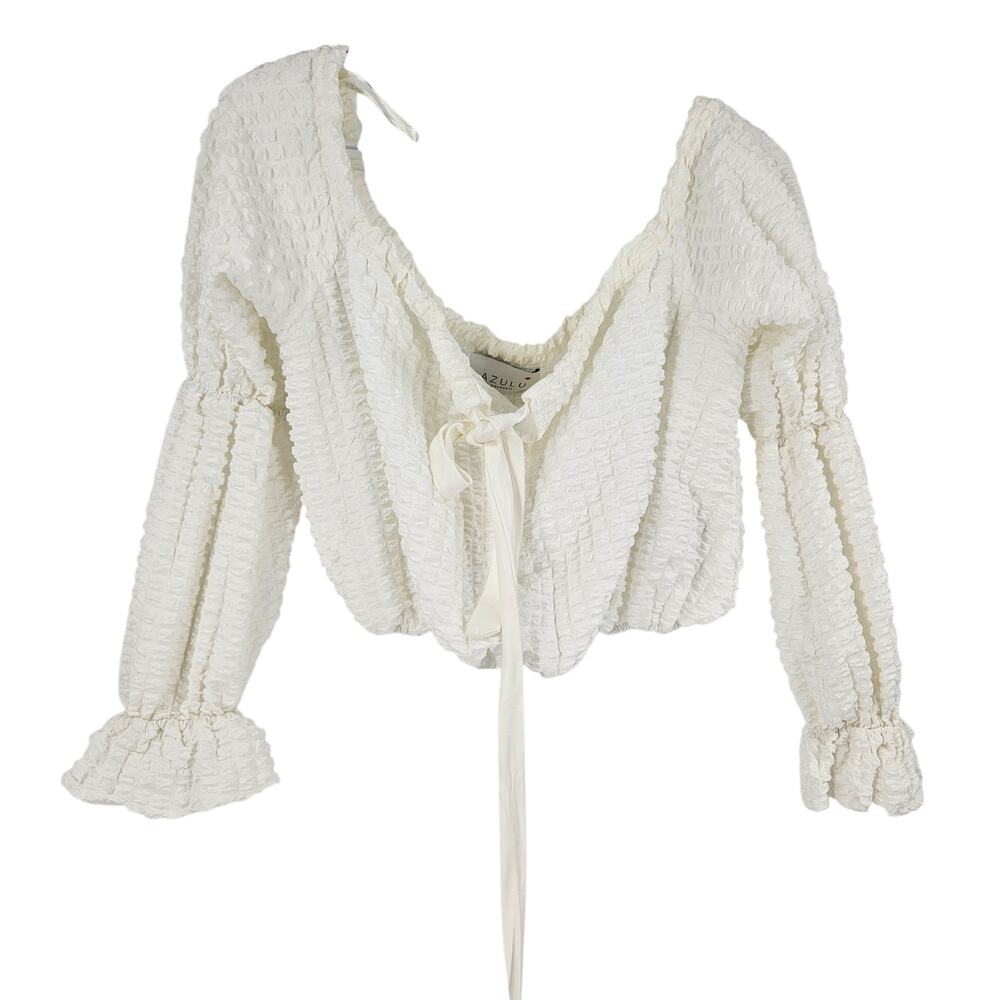 Azulu Colombia Crop Top White Textured Balloon Sleeve Tie Neck Pullover Size M